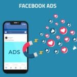 Blue background with phone mockup and Facebook Ads screenshot, with magnet and Facebook engagement icons