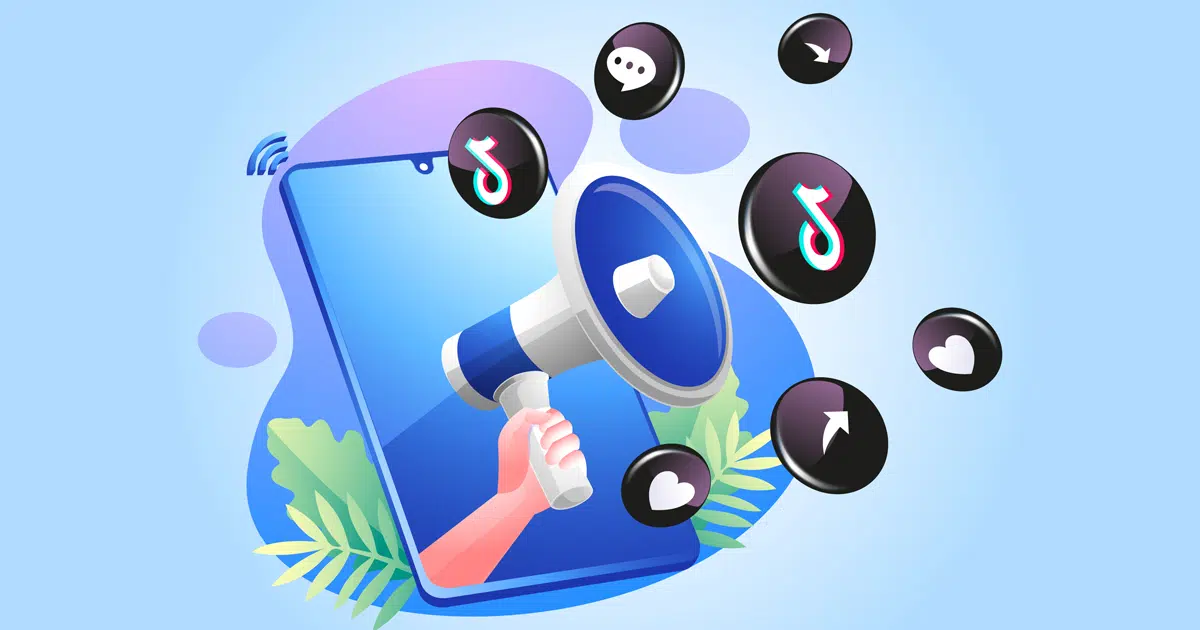 Blue background with phone illustration and hand with megaphone, with TikTok icons