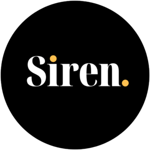 Siren logo white text on black circle