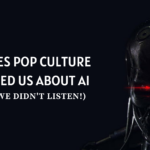 Image of AI terminator with red eyes with title in white writing