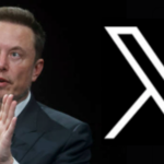 Elon Musk sat in front of his new X logo