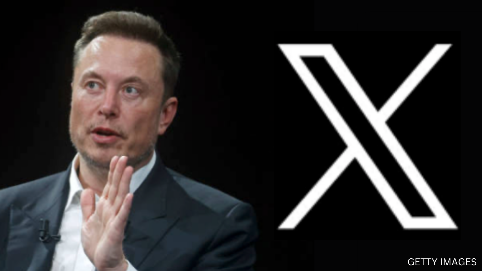 Elon Musk sat in front of his new X logo