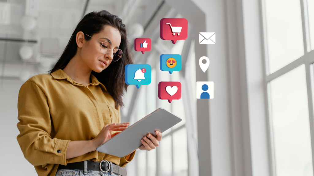 Social Media strategy. Woman hold a tablet with social media icons around her